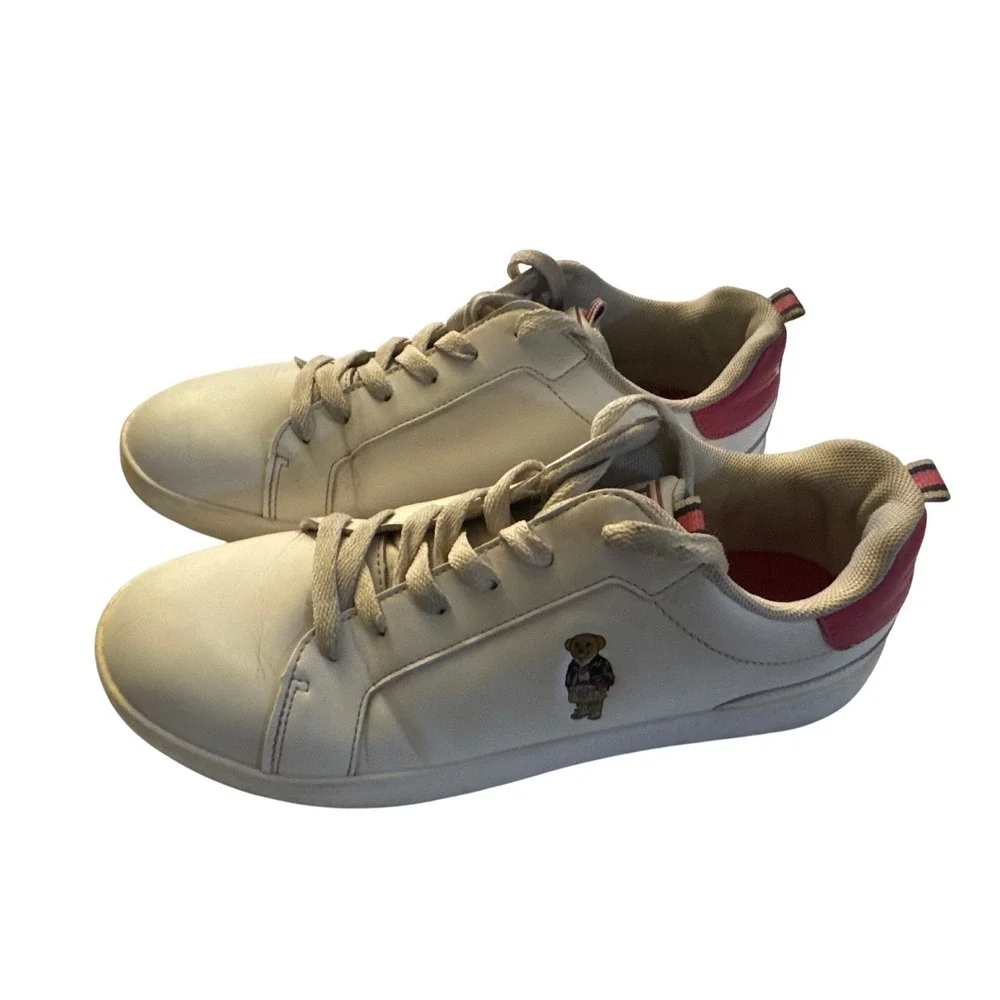 Polo Ralph Lauren White Leather Sneakers Teddy Bear Girls Size 5.5 Pink Accent